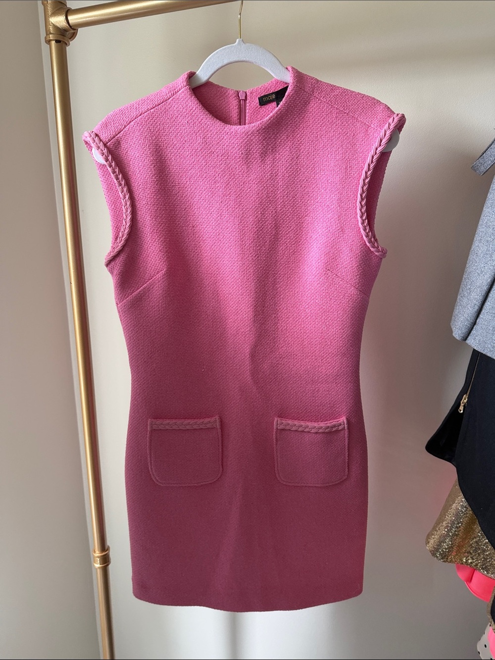 Maje Pink Sleeveless Shift Dress with Braided Trim pockets